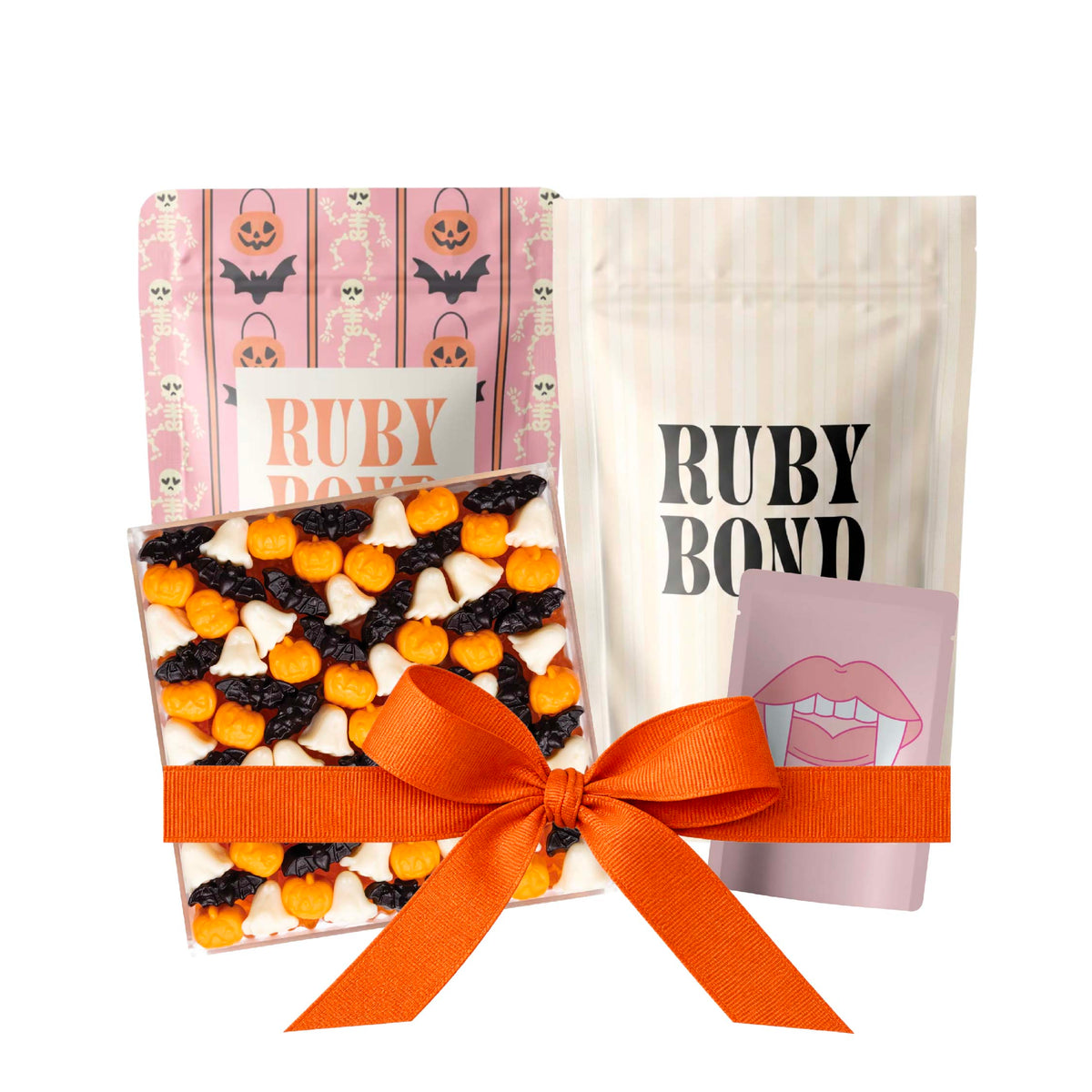 Complete Halloween Spread candy gift set from Ruby Bond with a bat candy board, two gummy candy bags and mini favor bags