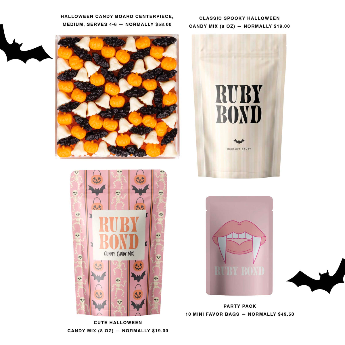 Ruby Bond Halloween candy bundle with a candy board centerpiece, spooky and pink gummy candy mixes, and Vampire Bites favor bags