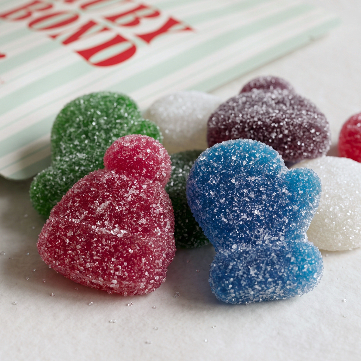 Ruby Bond holiday sour gummy candy bag peeking out of a Christmas stocking