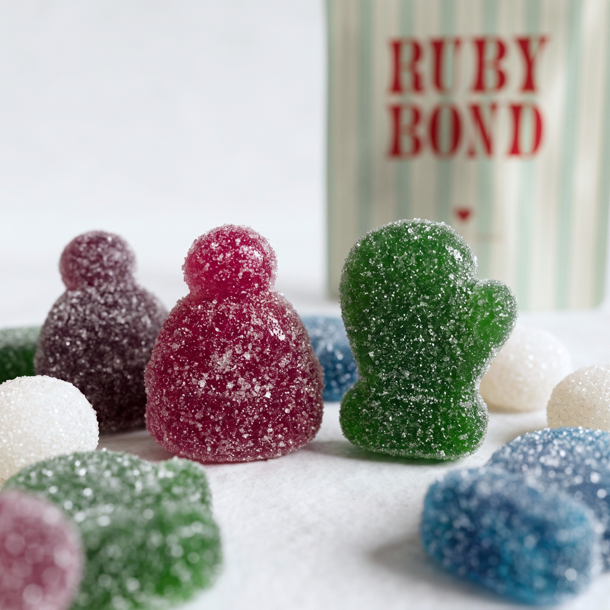Cozy Candy Mix Bag of snow-dusted sour gummies styled as a Christmas stocking stuffer