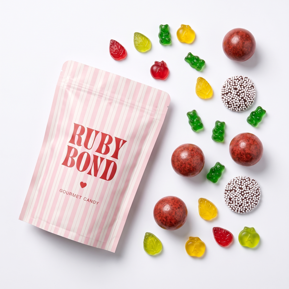 Ruby Bond pink-striped candy bag with The Fall Edit mix scattered beside it: apple and leaf gummies, green gummi bears, pumpkin spice malt balls and nonpareils.