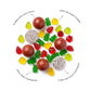 The Fall Edit candy mix labeled: Pumpkin Spice Malt Balls, Apple Orchard Gummies, Apple Crisp Gummi Bears and Dark Chocolate Nonpareils.