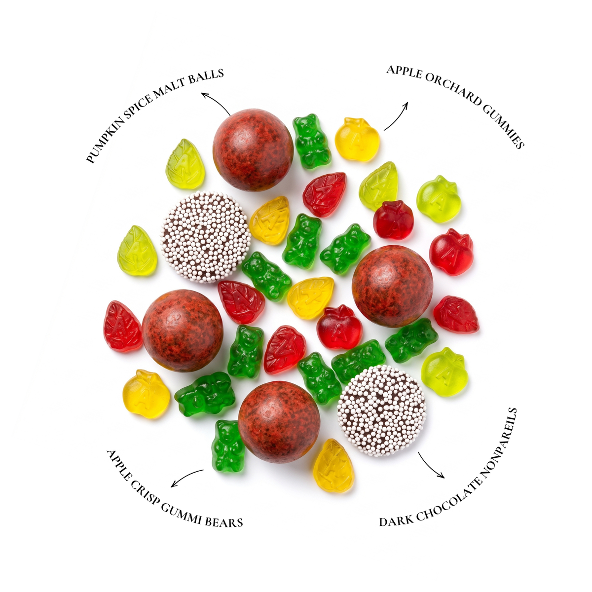 The Fall Edit candy mix labeled: Pumpkin Spice Malt Balls, Apple Orchard Gummies, Apple Crisp Gummi Bears and Dark Chocolate Nonpareils.