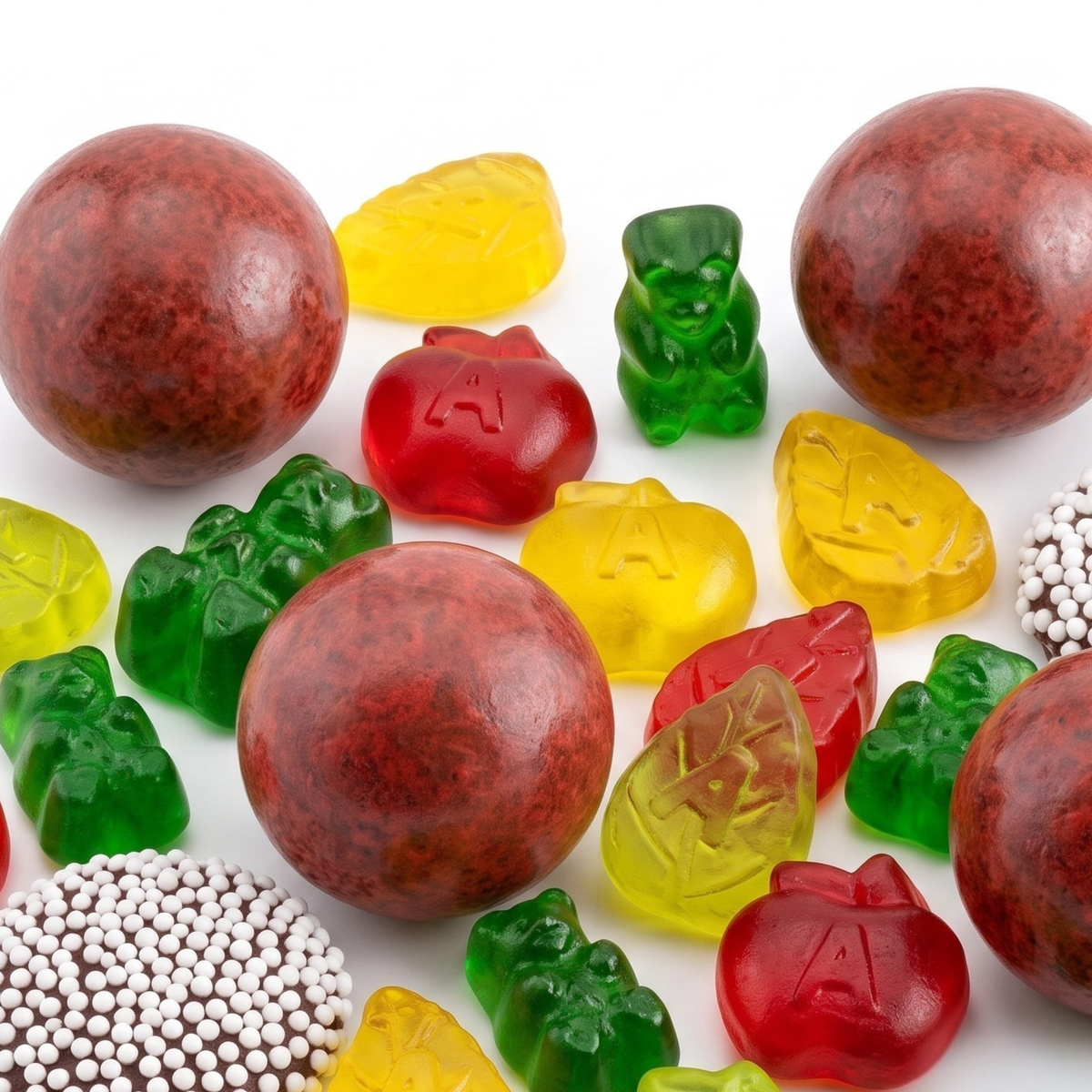 Close-up of The Fall Edit fall candy mix: pumpkin spice malt balls, green gummi bears, red and yellow apple and leaf gummies, and white-sprinkled chocolate nonpareils.