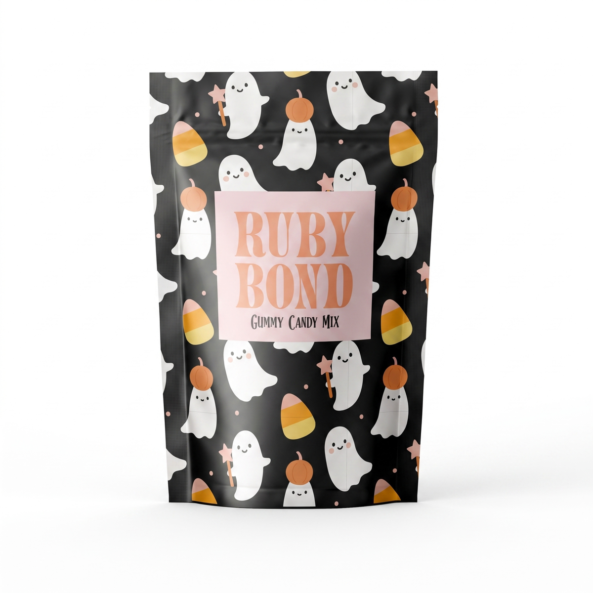 Boo Basket Halloween gummy candy mix by Ruby Bond in a black gift bag