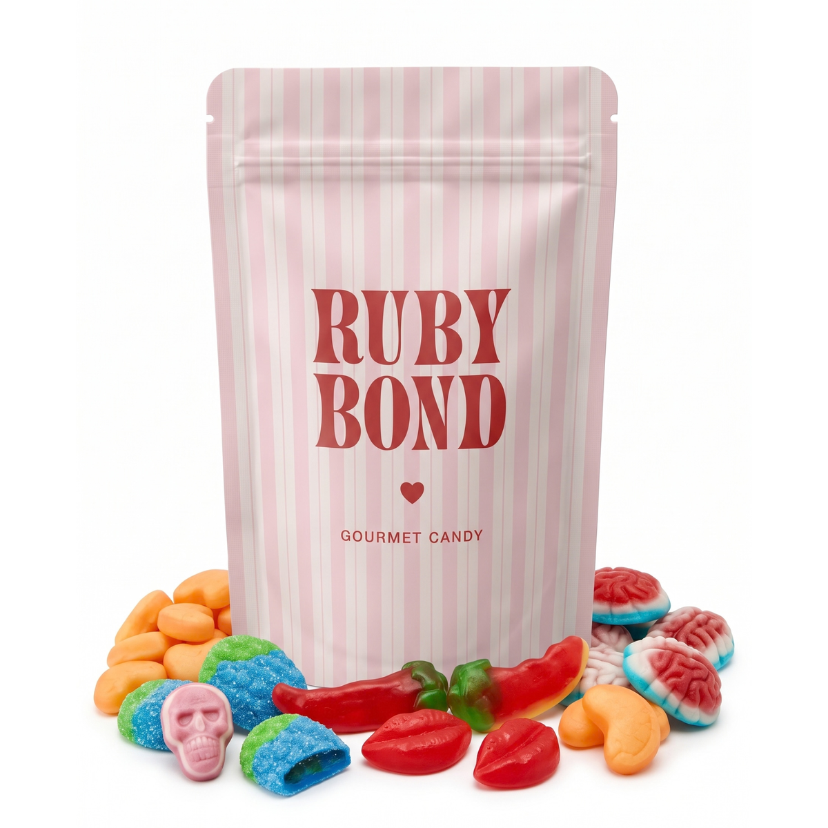 Ruby Bond Jelly-Filled Gummy Candy Mix with sweet strawberry, sour blue raspberry and mildly spicy mango and strawberry gummies