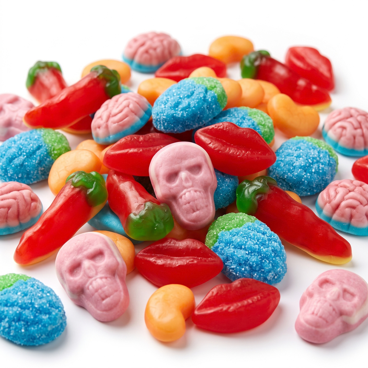 Jelly-filled gummies in sweet strawberry, sour blue raspberry and mildly spicy mango flavors